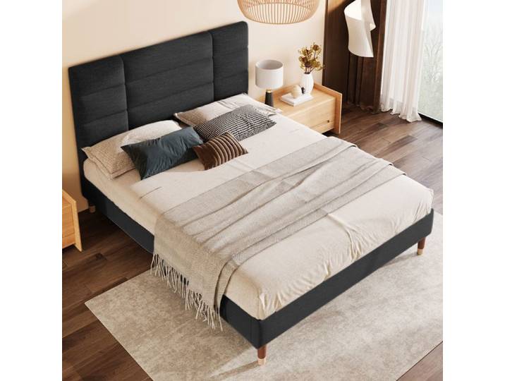 Lit rembourré 140x200cm cadre rembourré avec tête en lin noir (matelas non inclus)