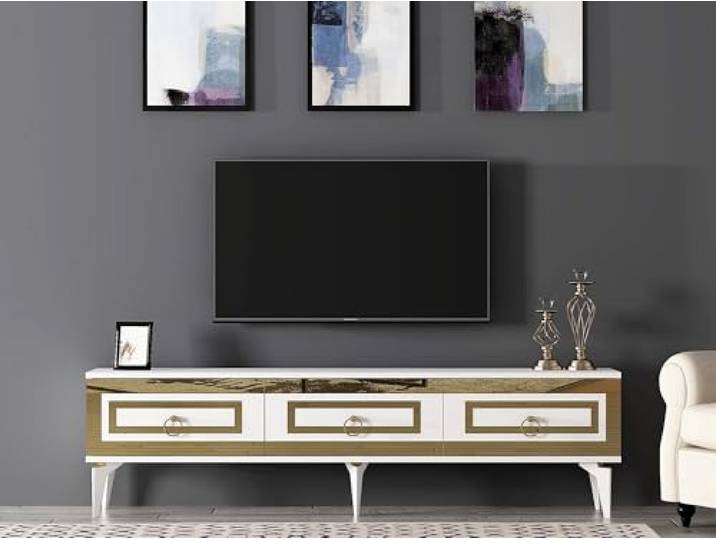 Hanah Home Elegant TV Stand, White & Gold, 180 x 44.6 x 29.6 cm 100% Melamine Coated Particle Board, 18 mm Thick Stylish Storage for Modern Living Rooms