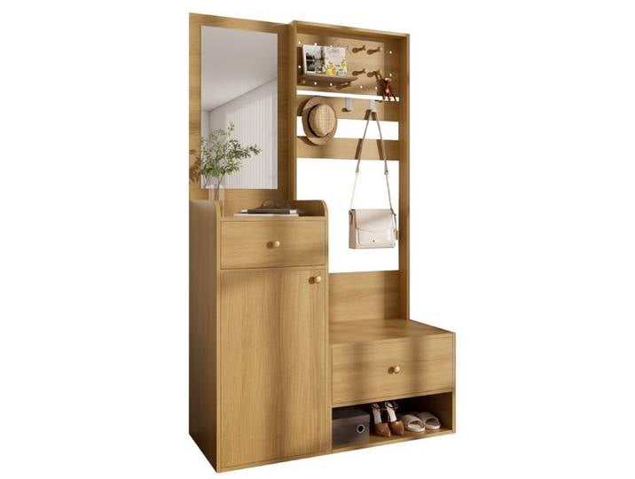 Porte-Manteau armoire à chaussures armoire d'entrée Vestiaire - Rangement élégant couleur bois avec miroir - 101x38x180cm