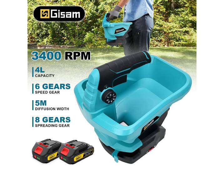 Épandeur d'engrais électrique agricole et semoir Gisam pour graines d'herbe et légumes, compatible avec les batteries Makita 18V