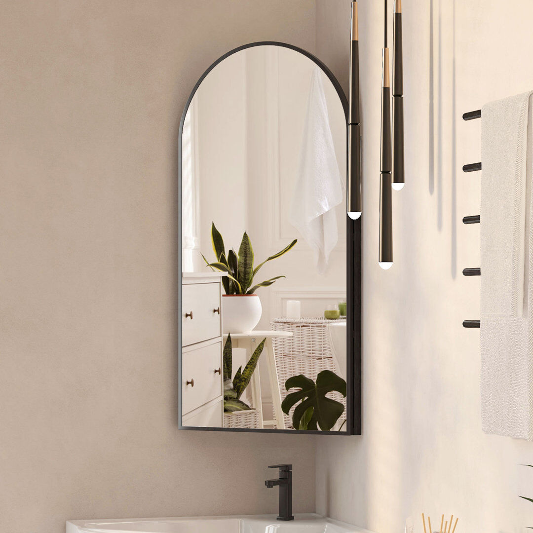 17 Stories Aishwarya 42x80cm Corner Arched Bathroom Mirror Cabinet with 3-Tier Shelves Black 80mm H
