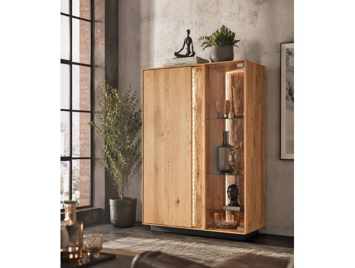 Highboard Lausanne 2-türig in Wildeiche massiv inklusive Beleuchtung – Montierte Lieferung – 3%-Vorkasse-Rabatt