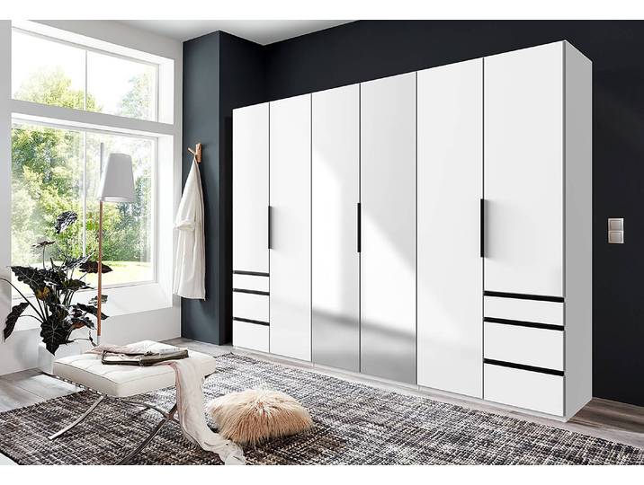 Drehtürenschrank Level36 - 236 cm Typ A 300cm Weiß/Weiß Schwarz mit Spiegeltür/-en