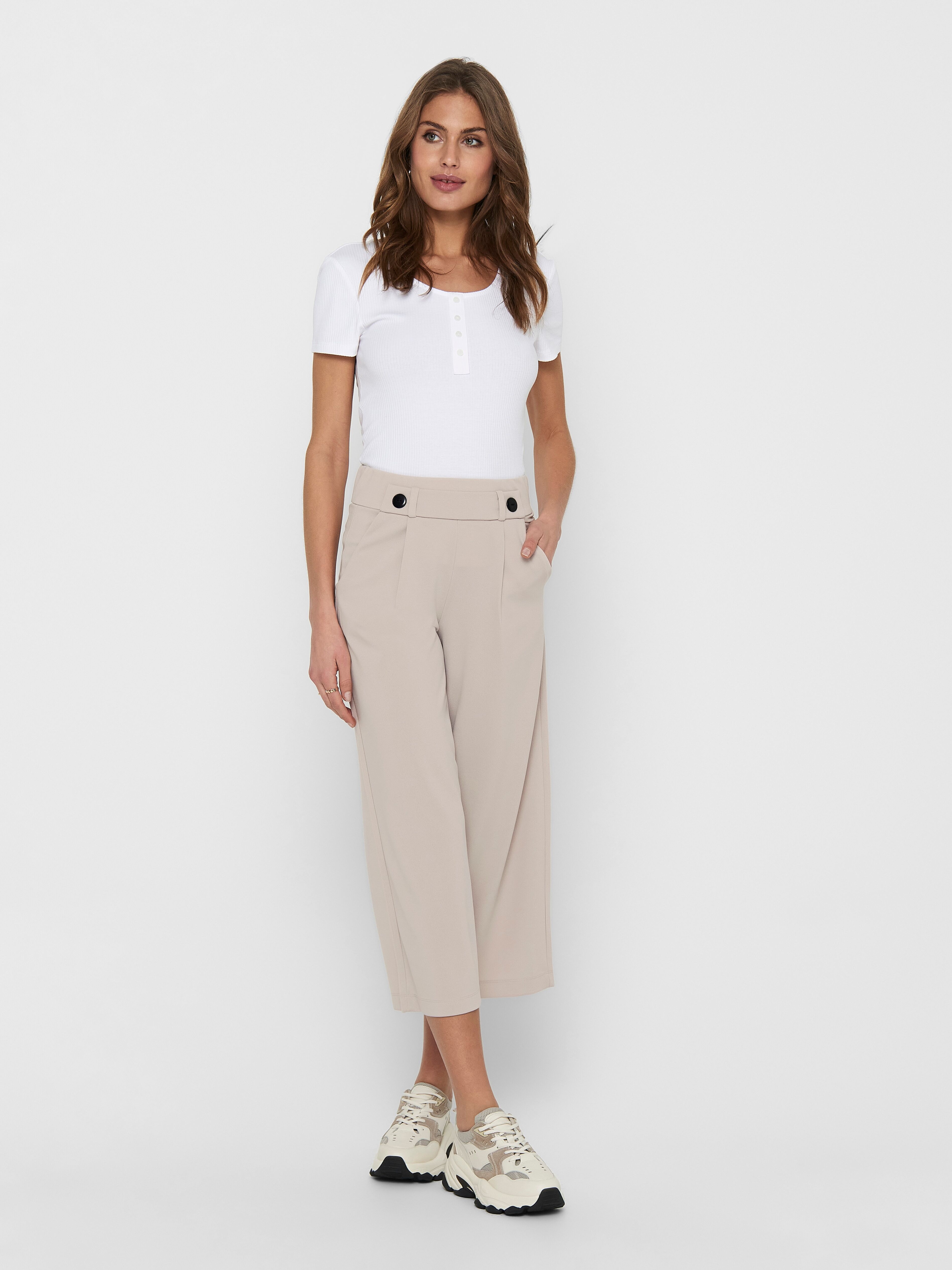 Jerseyhose JDY "JDYGEGGO NEW ANCLE PANTS JRS NOOS", Damen, Gr. L (40), N-Gr, grau (chateau gray detail:schwarz buttons), Web, Obermaterial: 95% Polyester, 5% Elasthan, unifarben, knöchelfrei, Hosen Jerseyhose chateau gray detail:schwarz buttons L (40), N-