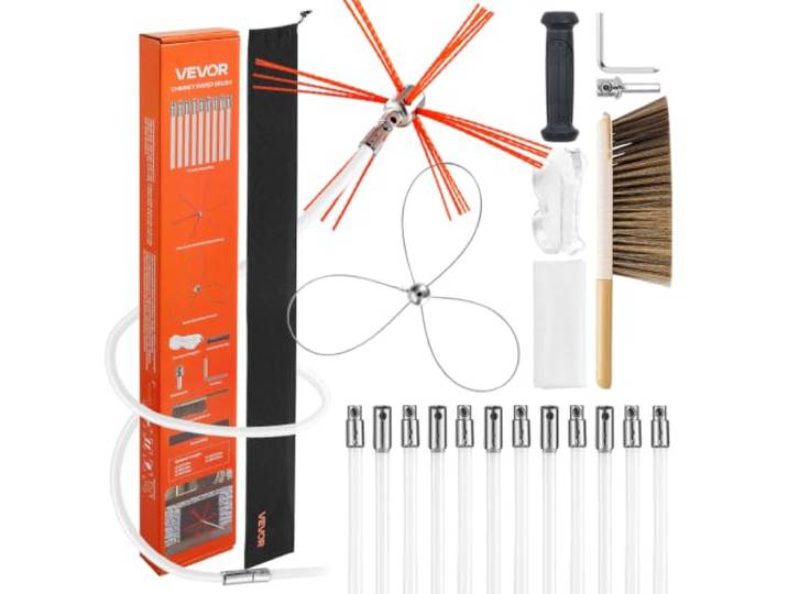 VEVOR Kit de Ramonage 12 m Ramonage Cheminée Brosse Extensible Outil de Nettoyage Foyer pour Cheminées Carrées Rectangulaires Arquées\, avec Double Tête de Brosse\, Tiges Nylon\, Lunettes de Protection
