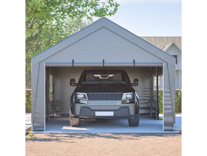 Garage toutes saisons 6x4x3m / Tente de jardin avec paroi latérale imperméable, protection UV, fenêtres enroulables, idéal pour voiture et stockage, gris