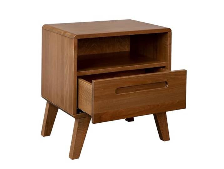 Nachttisch Strade Buche massiv 50x34x52 cm – Holz-Nachttisch in Amerikanischer Nussbaum, Soft-Close Blum, Wasserlack, Schublade mit Griffmulde, hochwertig & nachhaltig (Rustikales Teakholz)