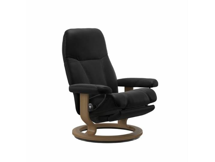 Stressless Consul Classic Power Sessel - Leder Batick Black - Buche Holzfarbe Eiche - Medium - Motor automatische Fußteilverstellung, automatische Relaxfunktion, automatische Rückenteilverstellung, manuelle Kopfteilverstellung Modern, Skandinavisch, Zeitlos