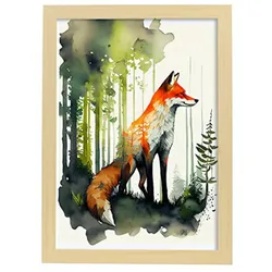 POSTER Fuchs 1 Im Aquarell Stil. A4 Rahmen Aus Hellem Holz