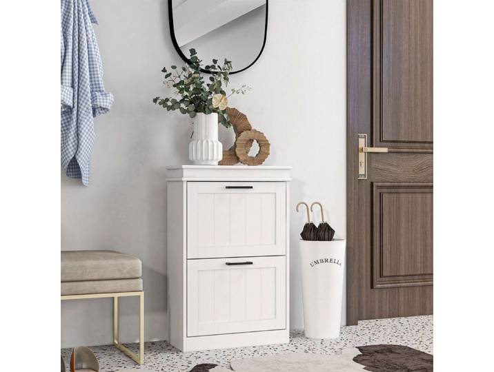 Two-Drawer Minimalistic 10-Shoe Cabinet - White
