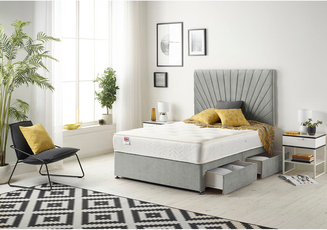 Fairmont Park Schofield Sprung Memory Foam Divan Bed Set with Headboard and Drawer Options Grey Kingsize (5')