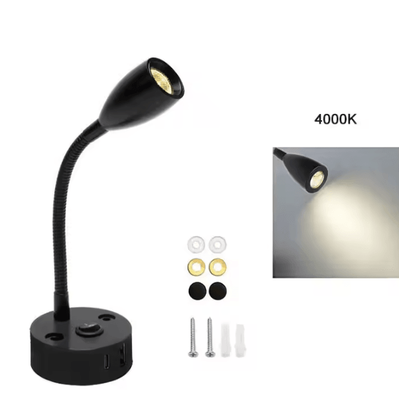 Inspire Curations 12V 24V Flexible Gooseneck RV Reading Light With USB C black 4000k