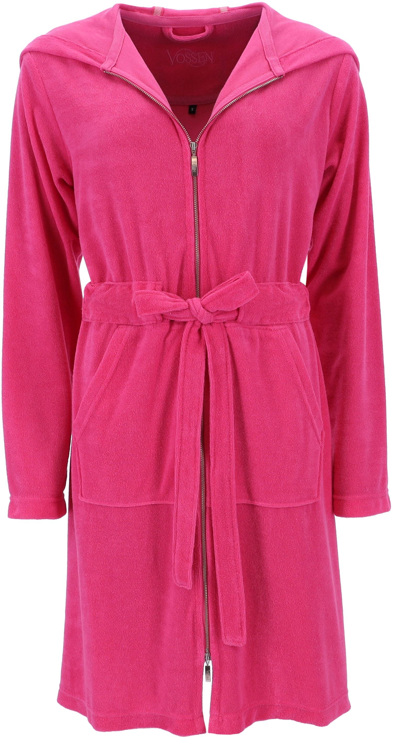Bademantel VOSSEN "Tampa, ideal für Sauna & Spa, Hotelbademantel, Morgenmantel" Gr. M, rosa (prim rose), L:95cm, Baumwoll-Mix, Hausmäntel, Bademantel, Kängurutasche, Reissverschluss prim rose M L: 95cm