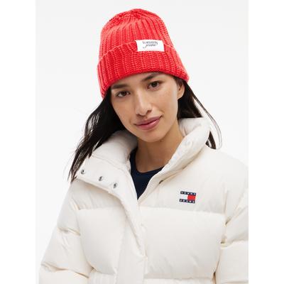 Beanie TOMMY JEANS "TJW SCRIPT", Damen, rot (lavish rot), Strick, Baumwolle, Mützen Beanie, aus grobem Rippstrick mit Logo-Label