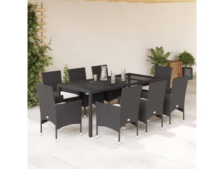 HEFZGDB 9-TLG. Garten-Essgruppe mit Kissen Schwarz Poly Rattan und Glas Tischplatte, Outdoor Esstischgruppe mit Polsterauflagen und abnehmbaren Bezügen, Wetterbeständige