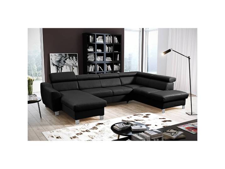 Wohnlandschaft Burnside I Schwarz/Schwarz Kunstleder 315 x 76 x 206cm Longchair davorstehend links / Ottomane rechts mit Schlaffunktion Modern
