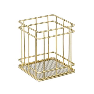 Relaxdays Stiftehalter eckig, modern, Pinselhalter Kosmetik, Draht, Stiftebecher Schreibtisch, HBT: 10 x 9 x 9 cm, gold