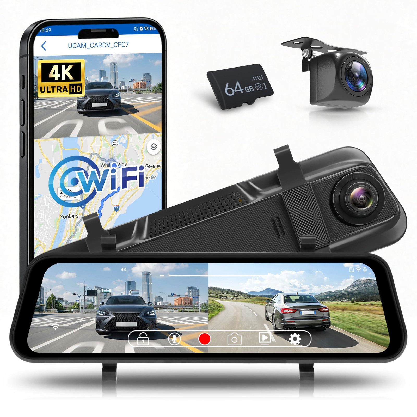 Selius Spiegel Dashcam met 9,66 Inch Touchscreen, 4K Resolutie en Nachtzicht