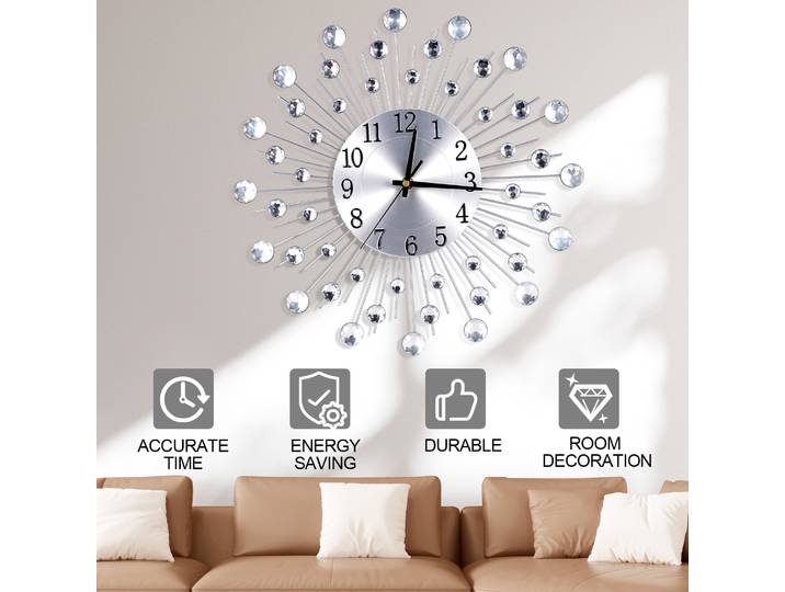 Horloge murale en diamant argenté 38*38CM, horloge murale européenne à piles, mouvement en métal et verre, décoration murale pour la maison et le bureau