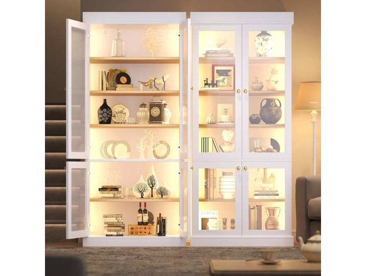 Vitrine Armoire Haute Blanche 160x40x180cm Porte Vitrée LED Intégrée Rangement Optimisé Système Anti-basculement Maison