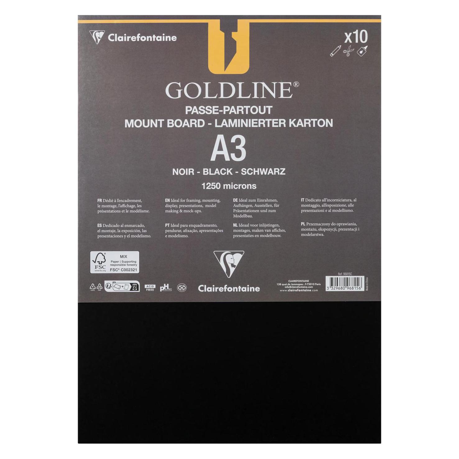Clairefontaine Goldline Passepartoutkarton A3, 10 Bogen 1,25mm - Schwarz (96815C)