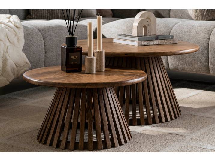Couchtisch Savira - 2er Set aus Mangoholz mit konischem Tischfuß - Sandfarben - Luxusbetten24
