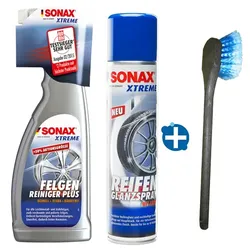 SONAX XTREME zur Felgenreinigung Fahrzeugpflege Set  inkl. Felgenreiniger, Reifenglanzspray und Felgenbürste