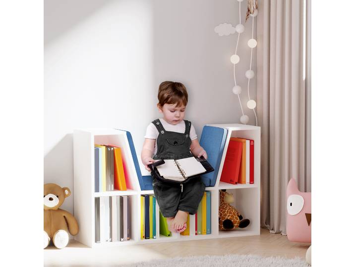 HOMCOM Banc Bibliothèque Contemporain Blanc Bleu