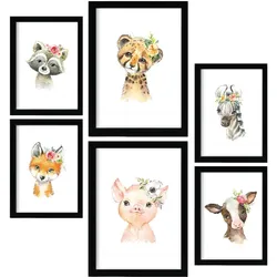 POSTER Set Mit 6 Blumentiere Weißer Hintergrunddruck Mit Baby Tiermotiven Im Pastell Aquarell Stil Innenarchitektur A3 & A4 Schwarzer Rahmen