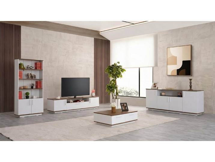 Xlmoebel Wohnwand Weißes TV-Möbelset mit Couchtisch, Konsole und Bücherregal, Made in Europa