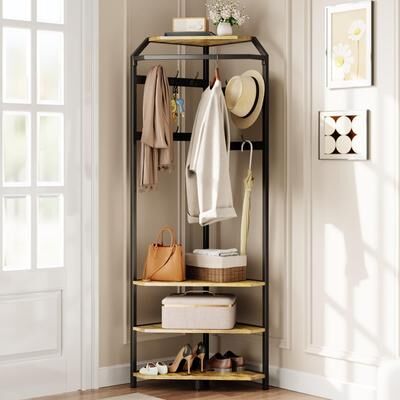 Garvee Corner Hall Tree with Shoe Bench, 6 Double Hooks & Storage Shelves