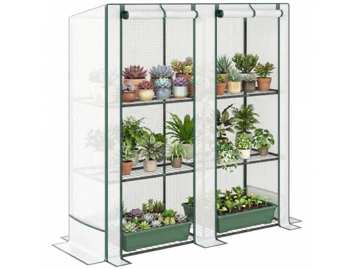 Outsunny Gewächshaus mit Pultdach Doppeltür Regale 144 x 48 x 152 cm Weiß