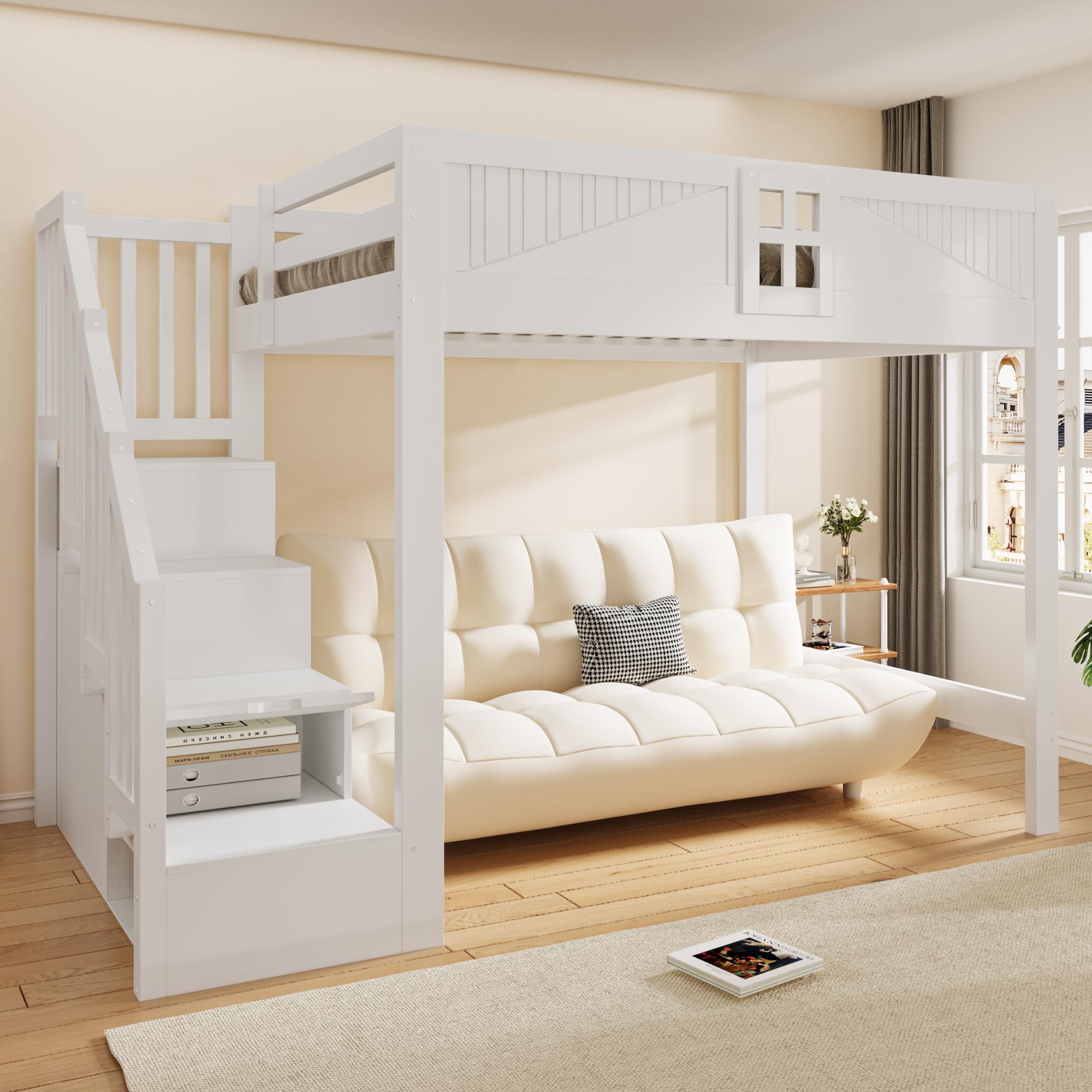 Merax Hochbett Etagenbett 140x200 cm mit Stauraumtreppe, Massivholzbett mit Sicherheitsgitter, Multifunktionsbett mit Lattenrost, Stauraum, Weiß