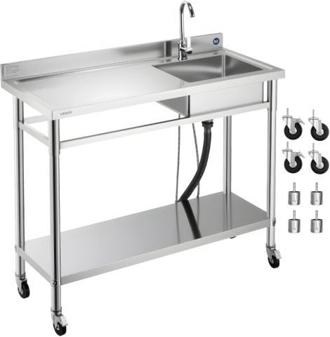 VEVOR RVS spoeltafel met enkele spoelbak, kraan en wielen, zilver, B/D/H: 120 x 50 x 105,5 cm