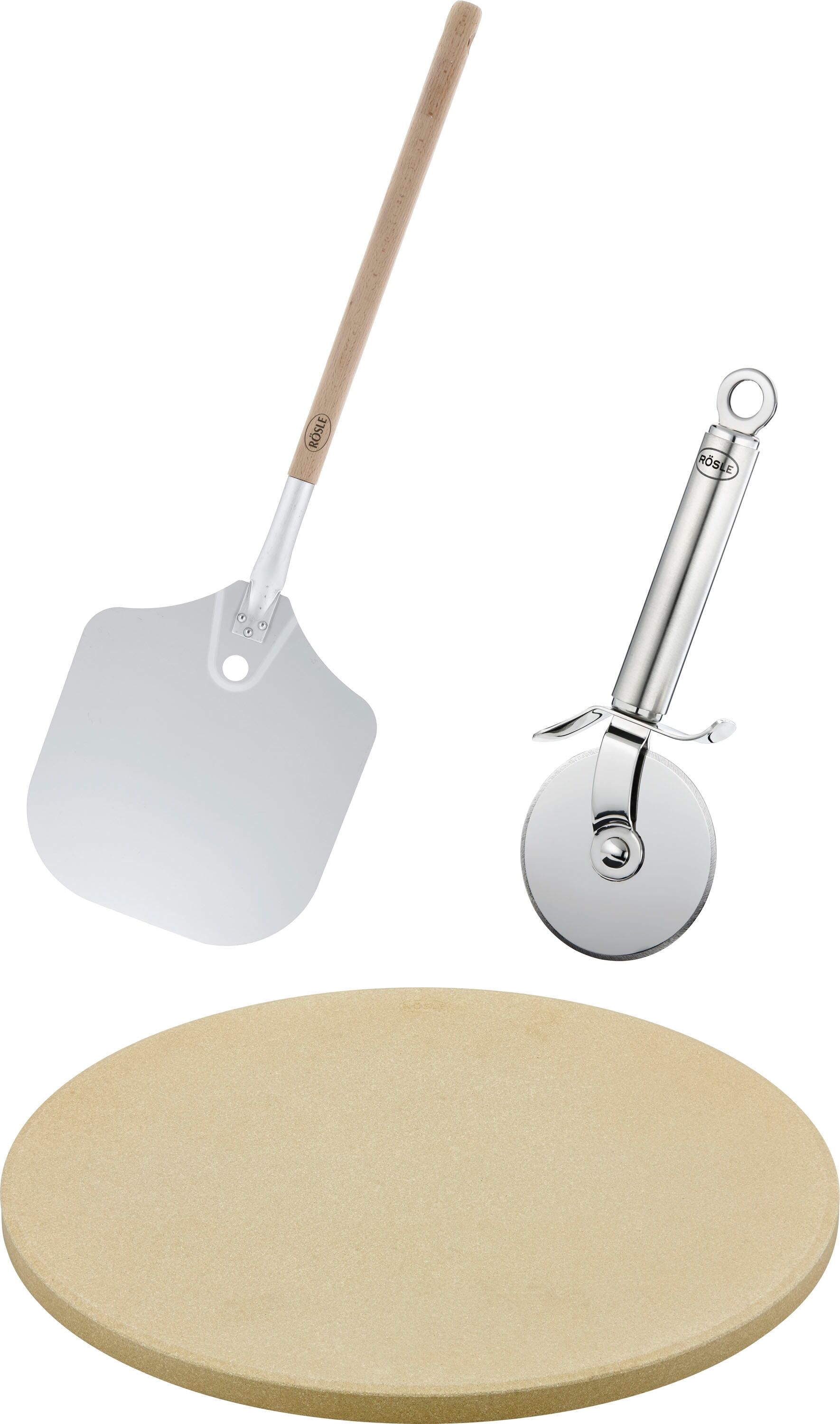 Pizzastein RÖSLE "Barbecue Pizza-Set", naturstein (schamott), B:32,5cm H:7cm, Schamottstein, Backbleche, Pizzastein, 3-tlg., inkl. Pizzaschieber und Pizza- und Flammkuchenschneider naturstein (schamott) B/H/T: 32,5cm 7cm