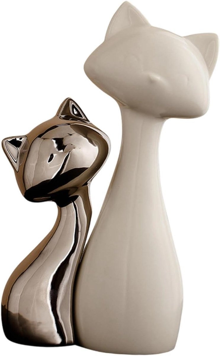 Set van twee witte keramische katten beeldjes voor interieur decoratie tot 24 cm