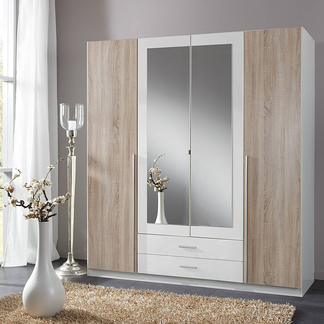 home24 Nuevo Draaideurkast met eikenhouten look, wit/bruin, 180 cm