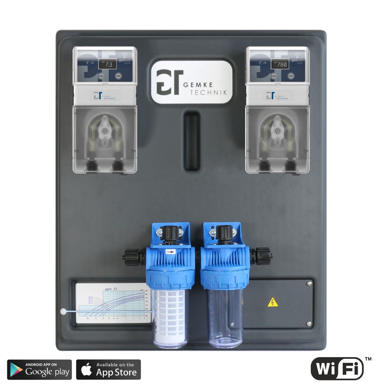 GT GP2 Pool -WiFi- PH+REDOX (Chlor) automatische Dosieranlage mit 63 mm ABS mit SDM inkl. Zubehör, WiFi (lokal 30m), Dosieranlage für Becken bis 100m³
