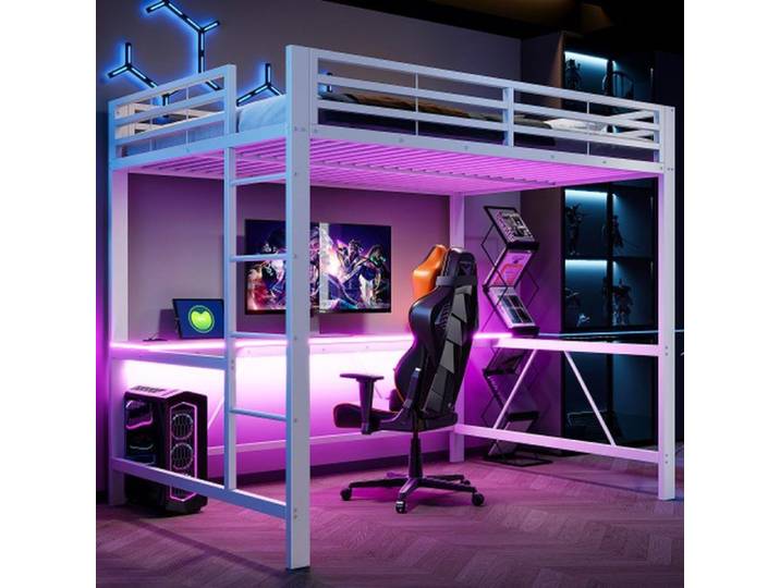Lit mezzanine gamer en métal 140x200 - led usb bureau intégré - blanc