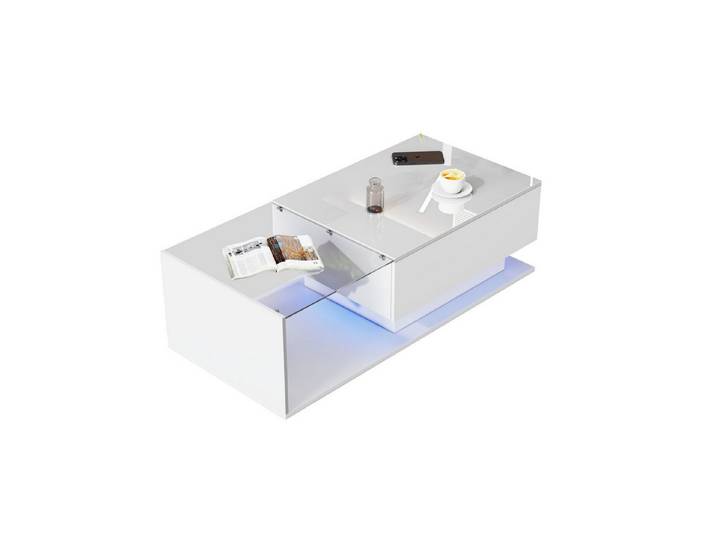 OKWISH Couchtisch mit LED-Beleuchtung (mit 1 Schublade,100x50x32cm), mit Glasplatte und Schubladen, kratzfest