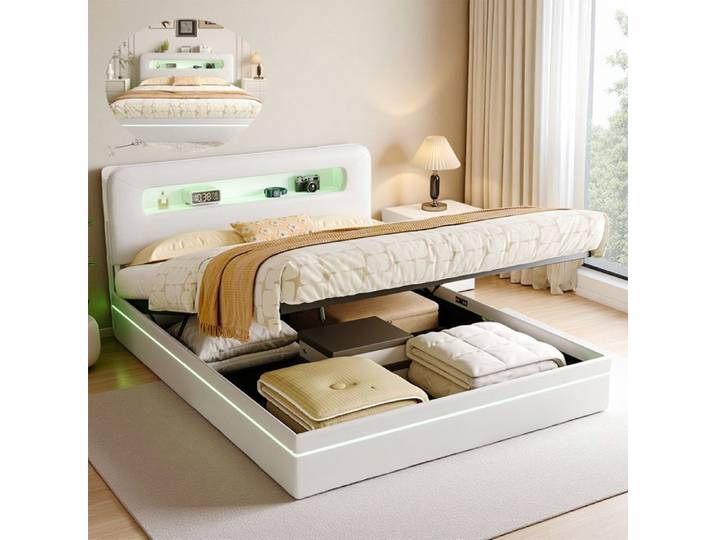 Lit Coffre 140x200 avec Rangement - Lit Hydraulique avec LED Réglable -Lit Capitonne - Design Contemporain -Tissu en Velours - Beige