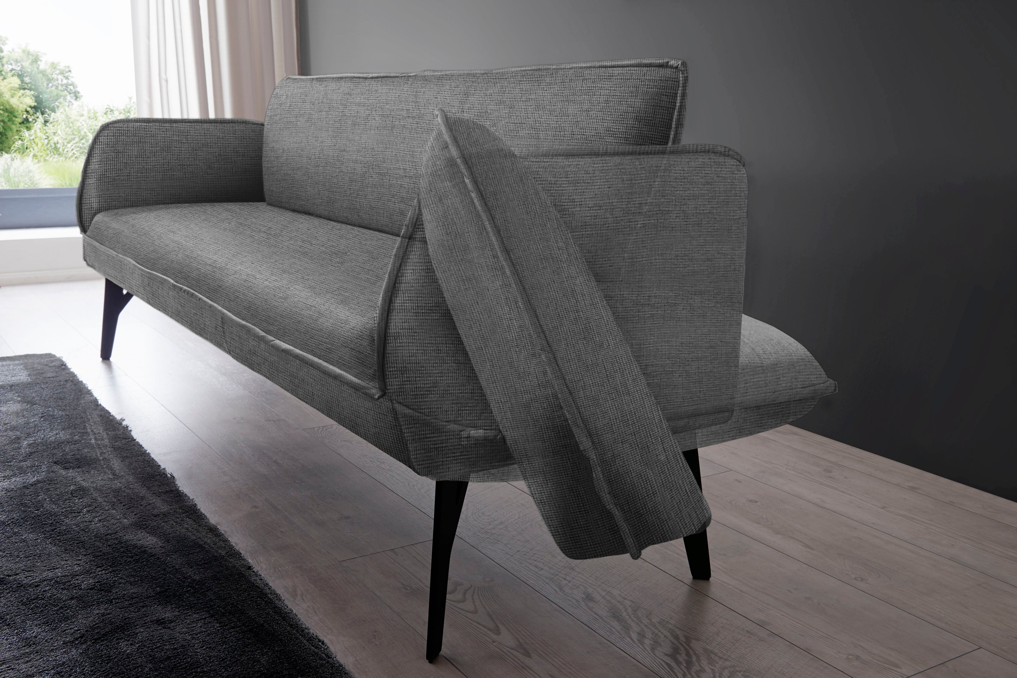 Essbank K+W KOMFORT & WOHNEN "Drive Polsterbank", grau (schwarzgrau 88), B:218cm H:91cm T:66cm, Cloud: Nappaleder pigmentiert, Glattleder, 0, 9/1, 1mm, elegantes Leder mit Wolkung und weichen Griff; 775: Flachgewebe, 100% Polyester, Sitzbänke, Essbank, mi