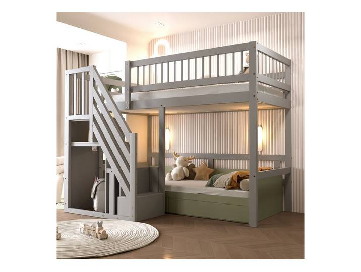 Flieks Hochbett Massivholz Einzelbett Kinderbett 90x200cm mit Stauraumtreppe