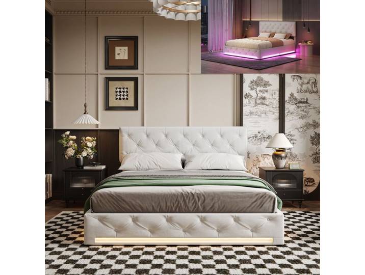 Lit 160x200 cm - LED - tissu en Velours - cadre de lit adulte - lit adulte 160x200 cm - 160x200 cm - Beige
