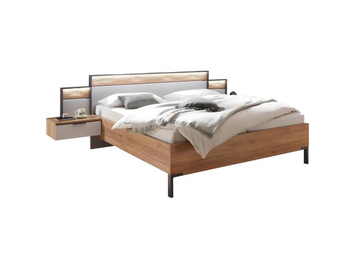 Xora Bettanlage, Graphit, Eiche, Hellgrau, Holz, Eiche, massiv, 180x200 cm, Beleuchtung, für Elektrolattenrost geeignet, Lattenrost geeignet,Soft-Close-System, Schlafzimmer, Betten