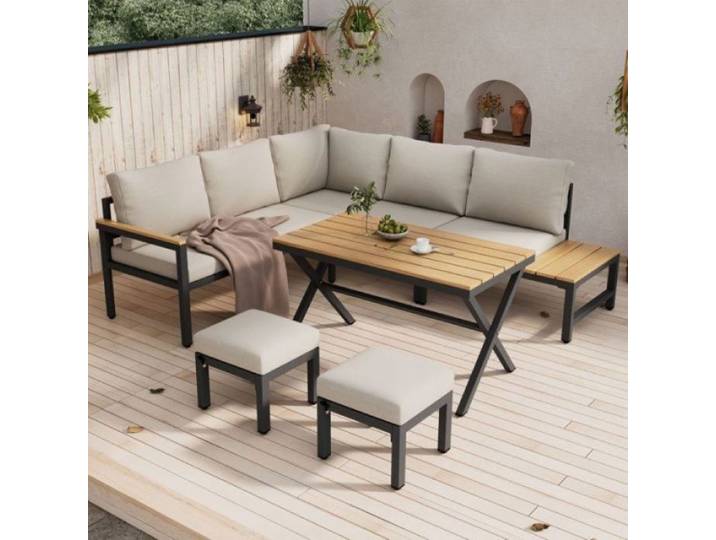 Salon de Jardin Exterieur Complet Canapé d'Angle 2 Tabourets et Table à Manger