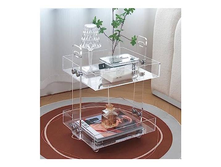 UPJAKS Durchsichtiger Acryl-Beistelltisch mit Rädern, 2-stufiger Acryl-Tablett-Beistelltisch, 16 Zoll rollender Servierwagen, Snack-Tisch für Wohnzimmer, Party, Balkon