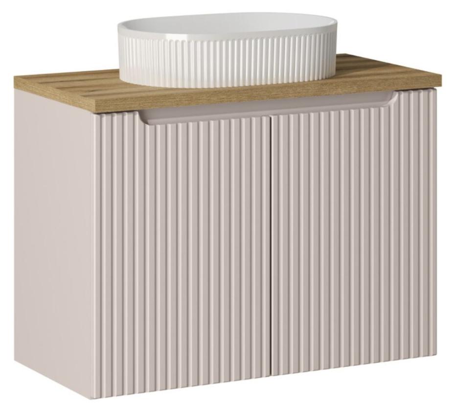 Ensemble VANO Kaschmir und Eiche 80cm: Unterschrank mit Schränken + Platte für Waschbecken + Aufsatzwaschbecken mit Rillen in Weiß