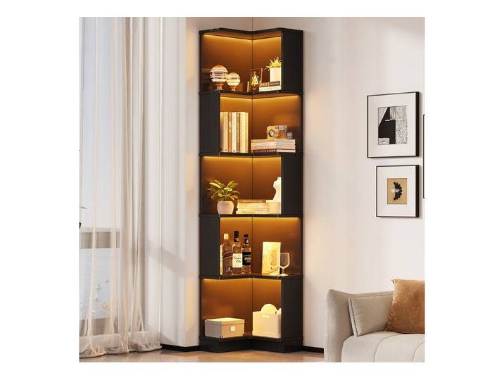 Fine Life Pro Vitrine Eckbücherregal, L-förmig, LED, App, schwarz 63,5x45x175 cm, 5 Ebenen, Multifunktionsregal