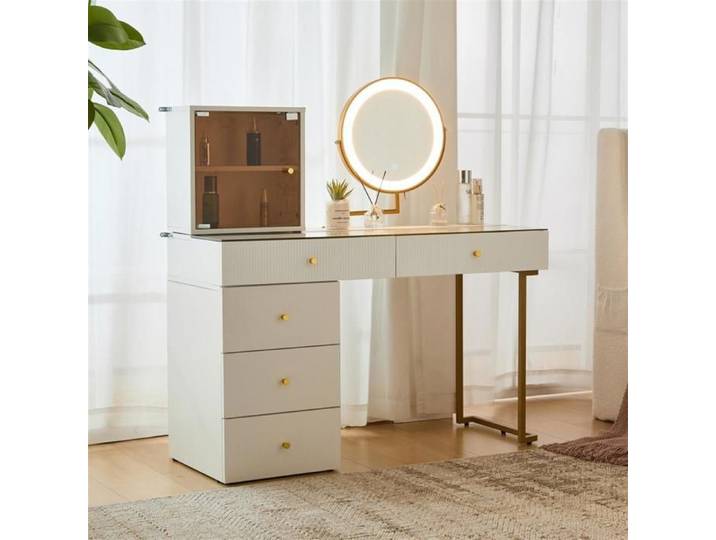 Coiffeuse - Blanc - 120x45x115 cm - Miroir LED - 5 tiroirs - Style moderne scandinave